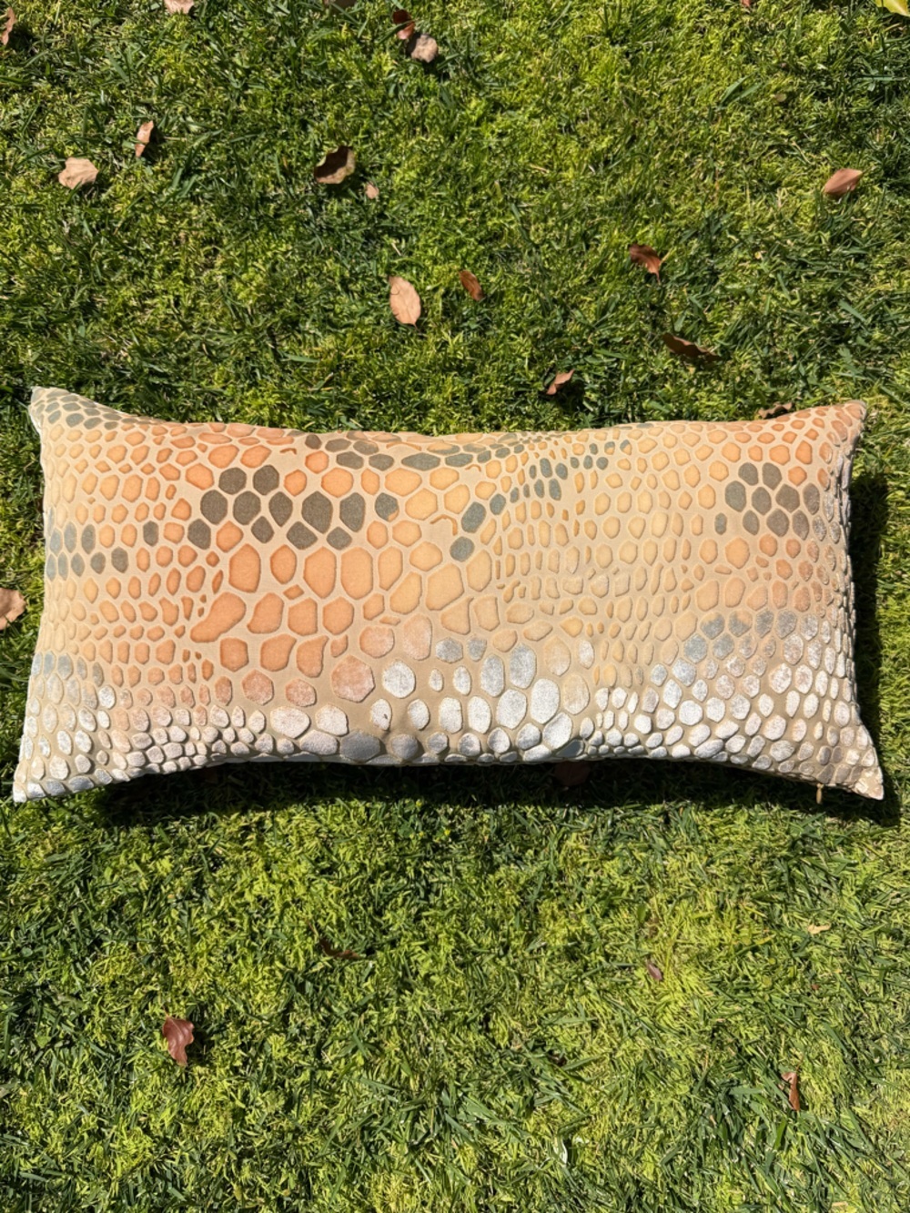 Kevin O’Brien Studio Snakeskin Latte Silk Velvet Burnout Lumbar Pillow 12x24 GUC